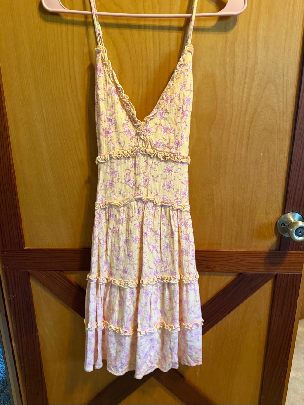 Love Tree Pale Yellow and Pink Floral Tiered Midi Dress